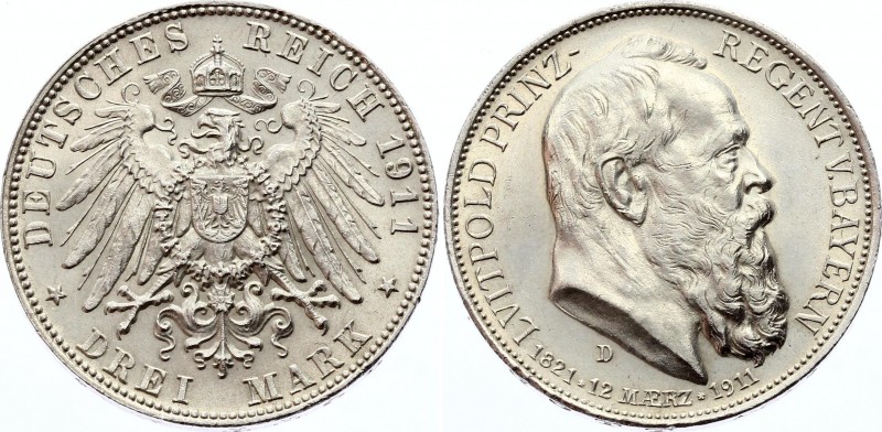 Germany - Empire Bavaria 3 Mark 1911 D
KM# 998; Silver; 90th Birthday of Prince...