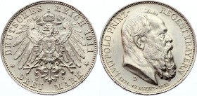Germany - Empire Bavaria 3 Mark 1911 D
KM# 998; Silver; 90th Birthday of Prince Regent Luitpold; UNC with minor scratches
