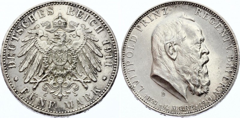 Germany - Empire Bavaria 5 Mark 1911 D
KM# 999; Silver; Otto Prince Regent Luit...