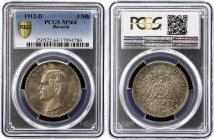 Germany - Empire Bavaria 3 Mark 1912 D PCGS MS64
Jaeger 47, KM# 996; Otto. Silver, UNC. Mintage 1010000; Rare in this high grade! PCGS MS64. Deutsche...