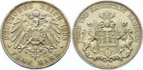 Germany - Empire Hamburg 5 Mark 1908 J
Jaeger 65; Mintage 460000; Silver, XF-AU; Deutsches Kaiserreich Hamburg 5 Mark 1908 J