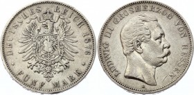 Germany - Empire Hessen 5 Mark 1876 H
KM# 353; Silver; Ludwig III.; VF+