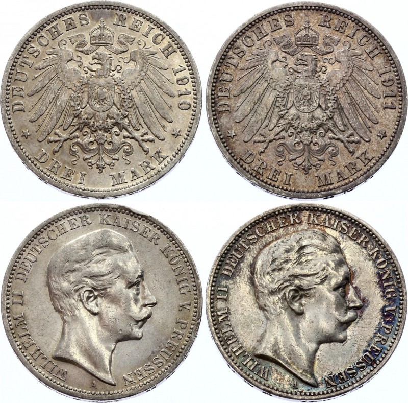 Germany - Empire Prussia Lot of 2 Coins 3 Mark 1910 & 1911 A
KM# 527; Silver; W...