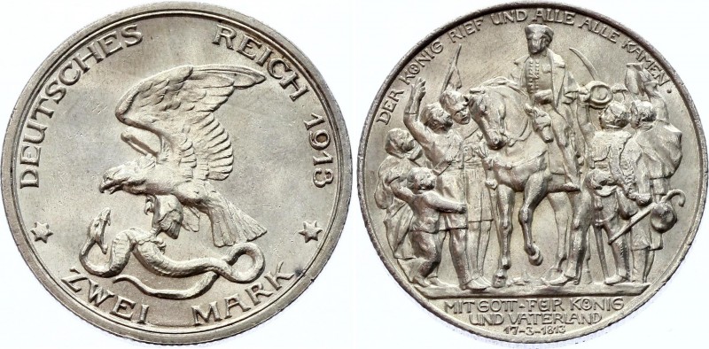 Germany - Empire Prussia 2 Mark 1913
KM# 532; Silver; 100th Anniversary of the ...