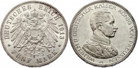 Germany - Empire Prussia 5 Mark 1913 A
KM# 536; Silver; Wilhelm II; AUNC with scratches & Nice mint Luster