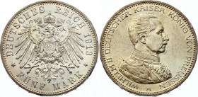 Germany - Empire Prussia 5 Mark 1913 A
KM# 536, Jaeger 114; Wilhelm II. Silver, UNC. Deutsches Kaiserreich Preussen 5 Mark 1913 A