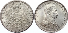 Germany - Empire Prussia 3 Mark 1914 A
KM# 538; Silver; Wilhelm II; UNC with minor scratches