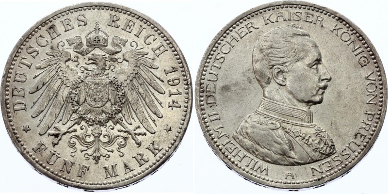 Germany - Empire Prussia 5 Mark 1914 A
KM# 536; Silver; Wilhelm II; XF+/AUNC- L...