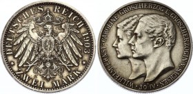 Germany - Empire Saxe-Weimar-Eisenach 2 Mark 1903 A
KM# 217; Silver; Grand Duke's First Marriage; XF+ with Nice Toning