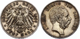 Germany - Empire Saxony 5 Mark 1900 E
KM# 1246; Silver; Albert I; XF with Nice Golden Toning