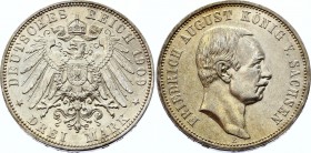 Germany - Empire Saxony 3 Mark 1909 E
KM# 1267, Jaeger 135; Silver, AU-UNC, attractive toning; Deutsches Kaiserreich Sachsen Saxony Albertine 3 Mark ...