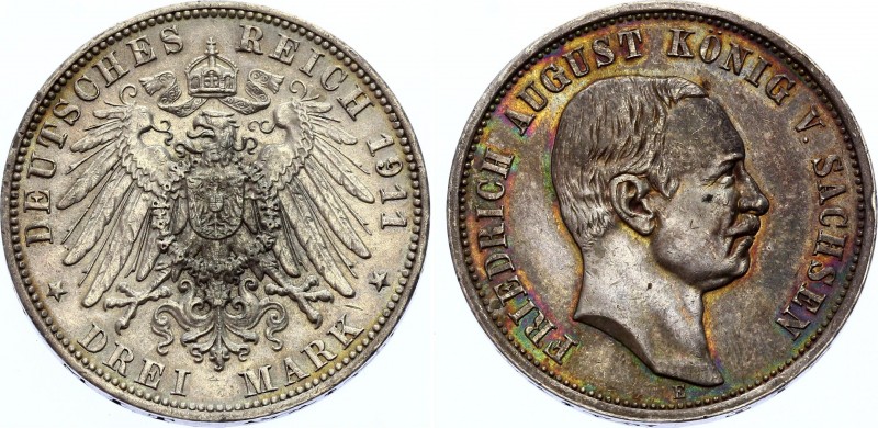 Germany - Empire Saxony 3 Mark 1911 E
KM# 1267, Jaeger 135; Mintage 580000. Sil...