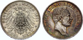 Germany - Empire Saxony 3 Mark 1911 E
KM# 1267, Jaeger 135; Mintage 580000. Silver, AU+, amazing toning; Deutsches Kaiserreich Sachsen Saxony Alberti...