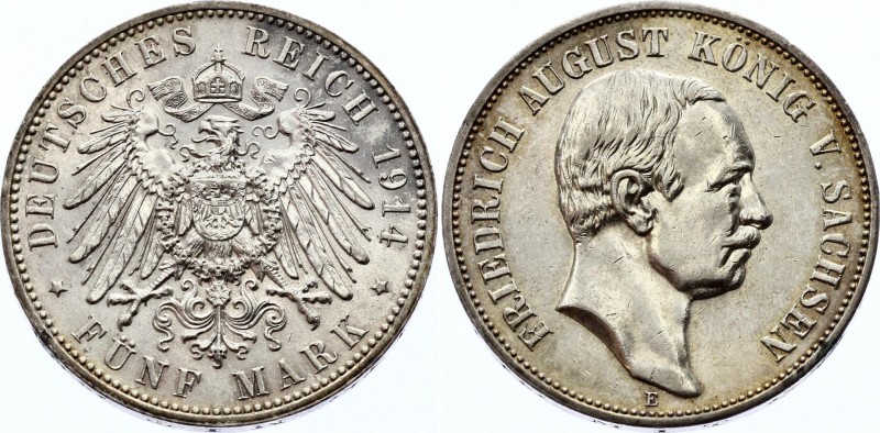 Germany - Empire Saxony 5 Mark 1914 E
KM# 1266; Silver; Friedrich August III; X...