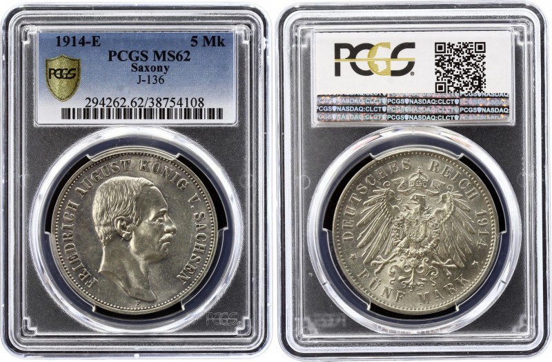 Germany - Empire Saxony 5 Mark 1914 E PCGS MS62
Jaeger 136, KM# 1266; Silver, M...