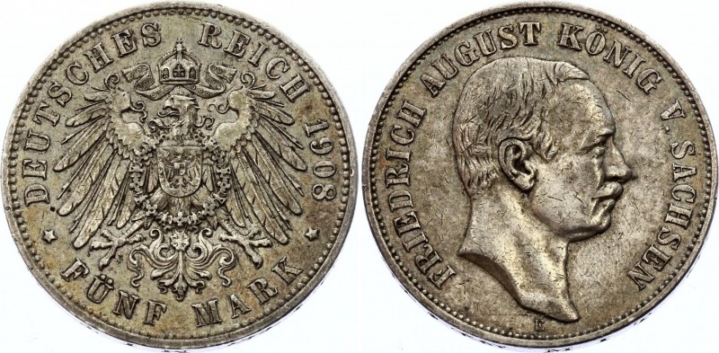 Germany - Empire Saxony-Albertine 5 Mark 1908 E
KM# 1266; Silver; Friedrich Aug...