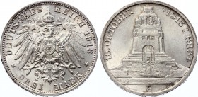 Germany - Empire Saxony-Albertine 3 Mark 1913 E
KM# 1275; Silver; 100th Anniversary of the Battle of Leipzig; AUNC+/UNC-