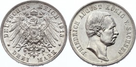 Germany - Empire Saxony-Albertine 3 Mark 1913 E
KM# 1267; Silver; Friedrich August III; XF