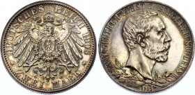 Germany - Empire Schwarzburg-Sondershausen 2 Mark 1905
KM# 153; Silver; Karl Günther Silver Jubilee; UNC with minor hairlines; Astonishing Toning