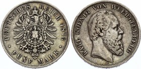 Germany - Empire Wurttemberg 5 Mark 1876 F
KM# 623; Silver; Karl I.; VF