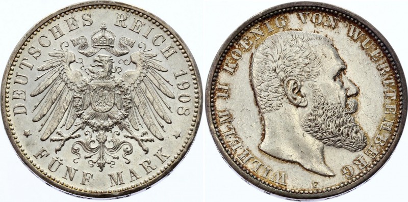 Germany - Empire Wurttemberg 5 Mark 1908 F
KM# 635; Silver; Wilhelm II.; Well P...