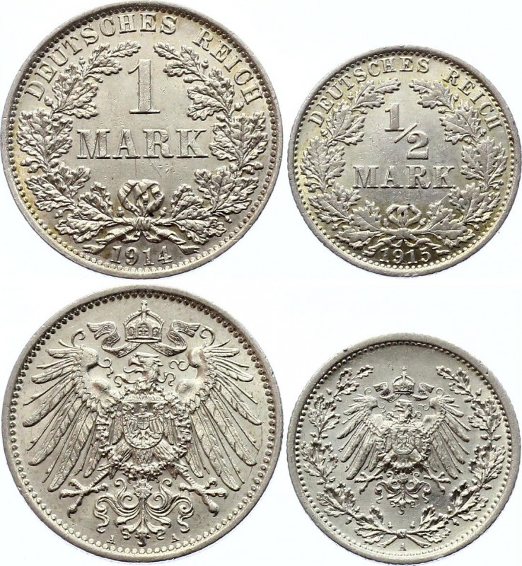 Germany - Empire Lot of 2 Coins 1914 & 1915
1/2 1 Mark 1914 & 1915 A; Silver