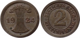 Germany - Weimar Republic 2 Rentenpfennig 1924 A Broadstrike Error
KM# 31; 3.38g 21.5 mm; UNC