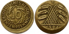 Germany - Weimar Republic 10 Rentenpfennig 1924 F Misstrike Error
KM# 33; Fehlprägung / Off Center Error