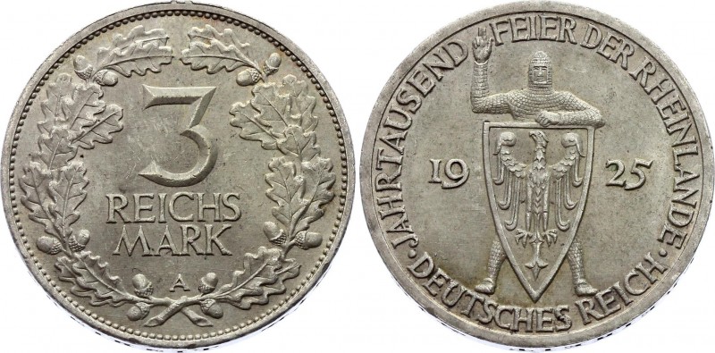 Germany - Weimar Republic 3 Reichsmark 1925 A
KM# 46; Silver; 1000th Year of th...