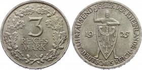 Germany - Weimar Republic 3 Reichsmark 1925 A
KM# 46; Silver; 1000th Year of the Rhineland; UNC