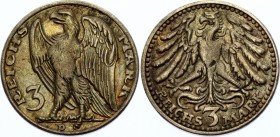 Germany - Weimar Republic 3 Reichsmark 1925 D
Schaaf S230a G3, Vs2/Vs3 - rare combination of Stempels. 19.41g.