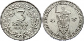 Germany - Weimar Republic 3 Reichsmark 1925 J
KM# 46; Silver; 1000th Year of the Rhineland
