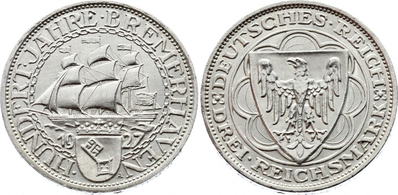 Germany - Weimar Republic 3 Reichsmark 1927 A
KM# 50; Silver; 100th Anniversary...