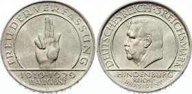 Germany - Weimar Republic 3 Reichsmark 1929 D
KM# 63; Silver; 10th Anniversary of the Weimar Constitution; AUNC