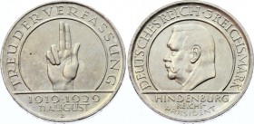 Germany - Weimar Republic 3 Reichsmark 1929 E
KM# 63; Silver; 10th Anniversary of the Weimar Constitution