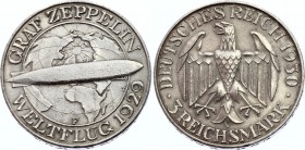 Germany - Weimar Republic 3 Reichsmark 1929 F
KM# 67; Silver; Flight of the Graf Zeppelin; AUNC