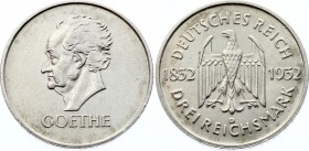 Germany - Weimar Republic 3 Reichsmark 1932 D
KM# 76; Silver; Centenary - Death of Goethe; XF+