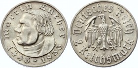 Germany - Third Reich 2 Reichsmark 1933 F
KM# 79; Silver; 450th Anniversary of Martin Luther; UNC