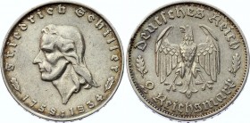 Germany - Third Reich 2 Reichsmark 1934 F
KM# 84; Silver; 175th Anniversary of Friedrich Schiller's Birth; XF