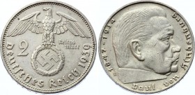 Germany - Third Reich 2 Reichsmark 1939 E Key Date
KM# 93; Silver; Paul von Hindenburg
