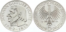 Germany - FRG 5 Mark 1964 J
KM# 118.1; Silver; Prooflike Surface; 150th Anniversary - Death of Gottlieb Fichte
