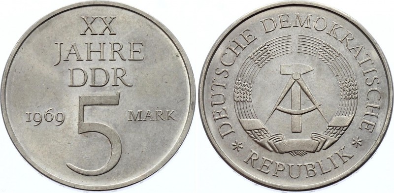 Germany - GDR 5 Mark 1969
KM# 22.1a; 20th Anniversary of the founding of the GD...