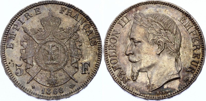 France 5 Francs 1868 BB
KM# 807; Silver; Napoleon III; AUNC with Amazing Toning