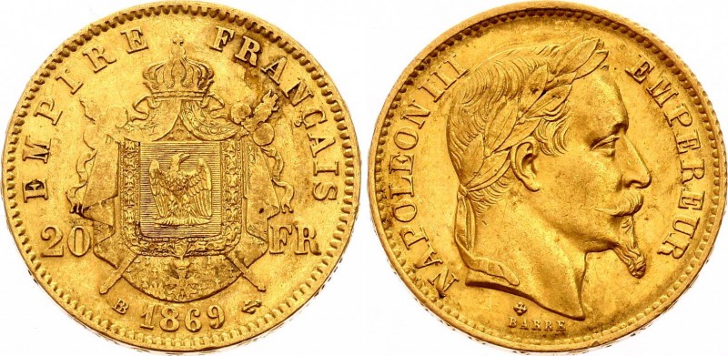 France 20 Francs 1869 BB
KM# 801; Gold (.900) 6.45g 21mm; Napoleon III