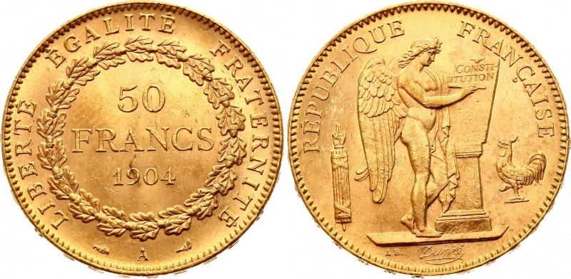 France 50 Francs 1904 A
KM# 831, F# 549/6; Gold (.900), 16.12g. UNC.