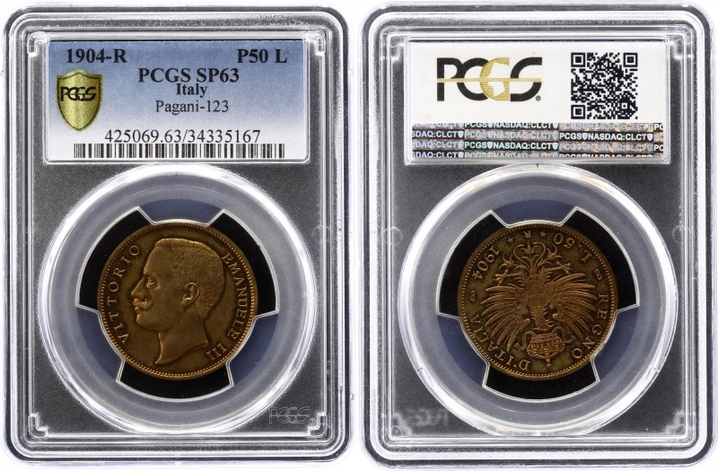 Italy 50 Lire 1904 R PROVA PCGS SP63
Vittorio Emanuele III (1900-1946). Rome Mi...