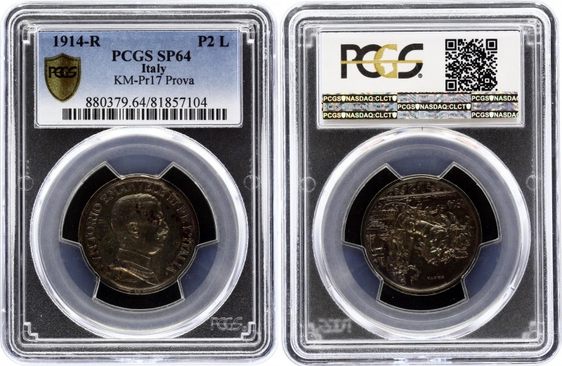 Italy 2 Lire 1914 R PROVA PCGS SP64
Vittorio Emanuele III (1900-1946). Quadriga...