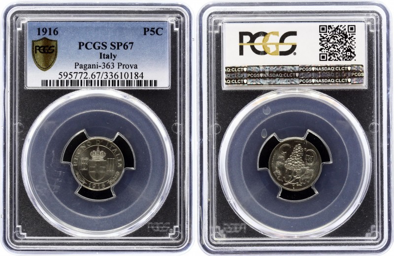 Italy 5 Centesimi 1916 R PROVA PCGS SP67
Vittorio Emanuele III (1900-1946). Pro...