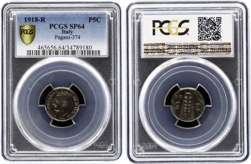 Italy 5 Centesimi 1918 R PROVA PCGS SP64
Vittorio Emanuele III (1900-1946). Pro...