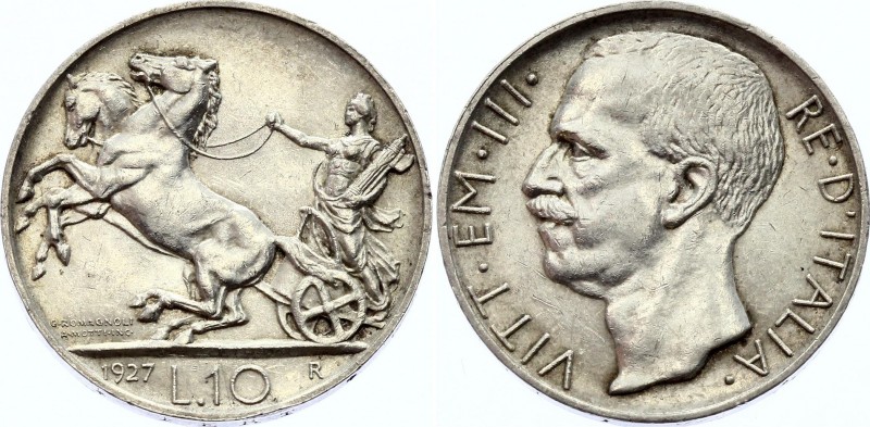 Italy 10 Lire 1927
KM# 68; Silver; Vittorio Emanuele III; AUNC-